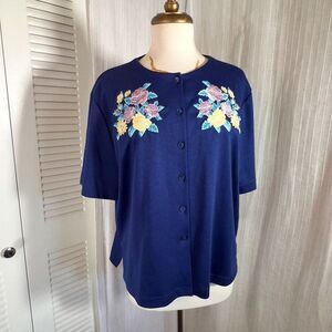 Bon Worth | Women’s | Cardigan | Petite M | Cottage Core Short-Sleeve Embroidere